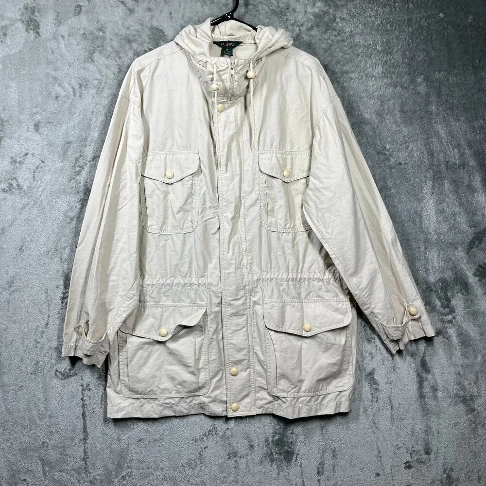 VTG J.Crew Oarsman Field Jacket Medium Beige Hooded Cotton Nylon Utility - Picture 1 of 11